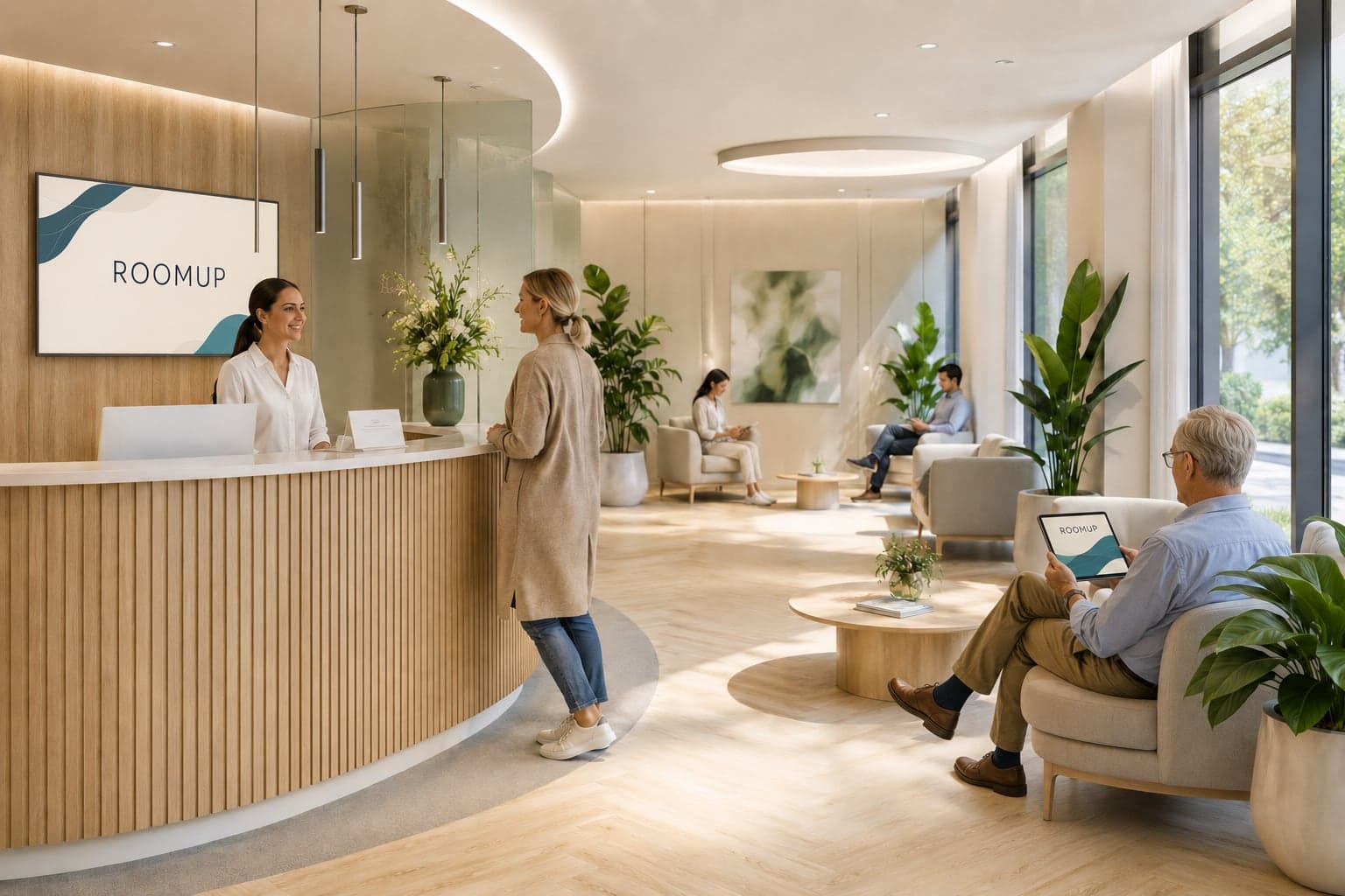 Heller Empfangsbereich mit ROOMUP-Wandscreen und Tablet – Patientinnen und Patienten nutzen die Inhalte im Wartebereich.