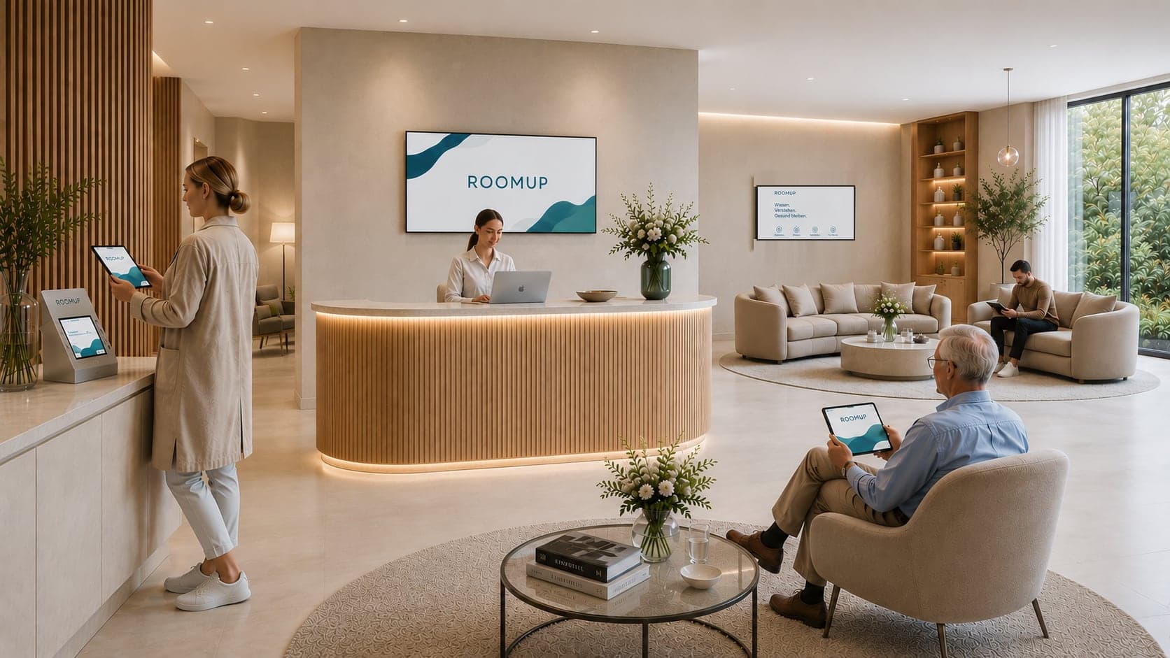 Helle Praxis-Lobby: ROOMUP-Wandscreen hinter dem Empfang, Lounge-Screen im Wartebereich, Check-in-Station und Patient mit ROOMUP-Tablet.