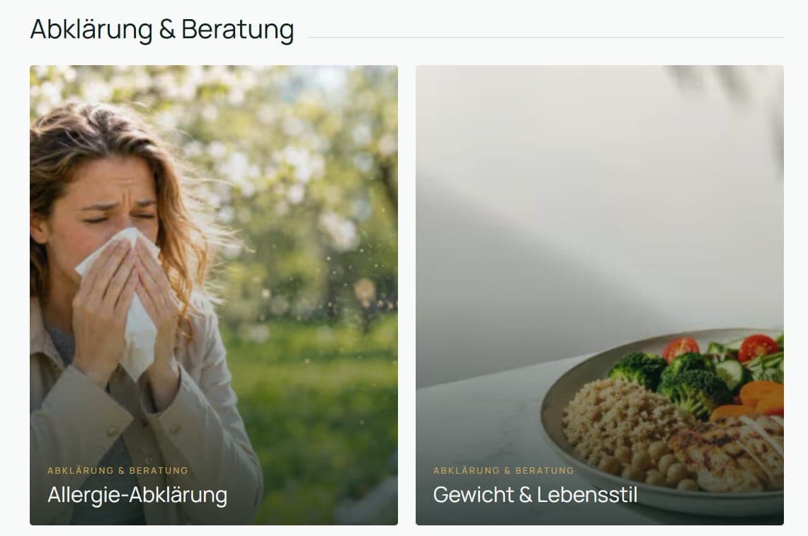 ROOMUP-Themenwelt «Abklärung & Beratung» mit den Inhalten Allergie-Abklärung sowie Gewicht & Lebensstil.