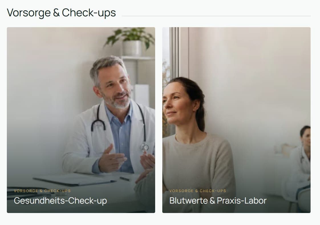 ROOMUP-Themenwelt «Vorsorge & Check-ups» mit den Inhalten Gesundheits-Check-up sowie Blutwerte & Praxis-Labor.