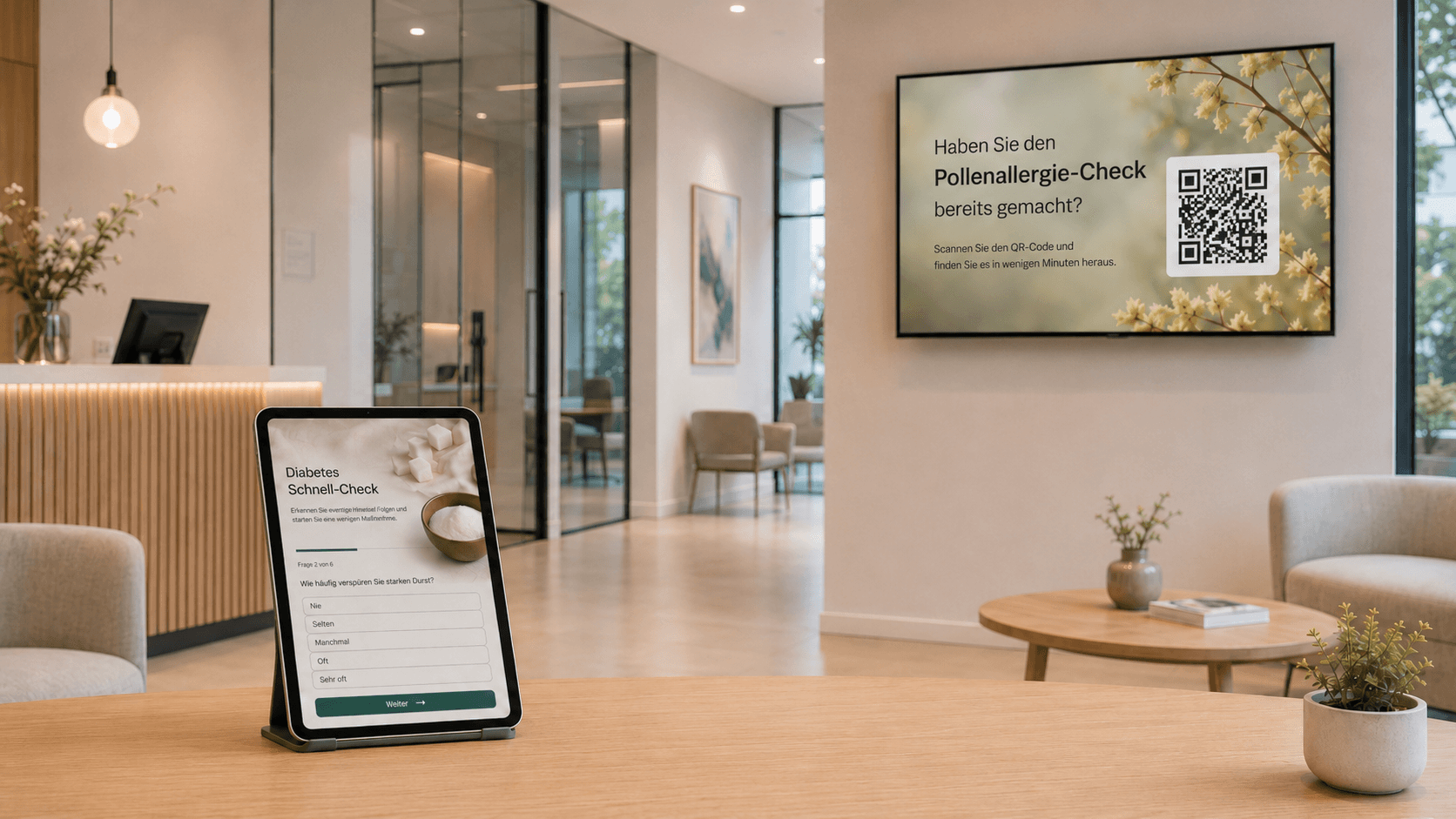 Wartezimmer mit Tablet und Screen