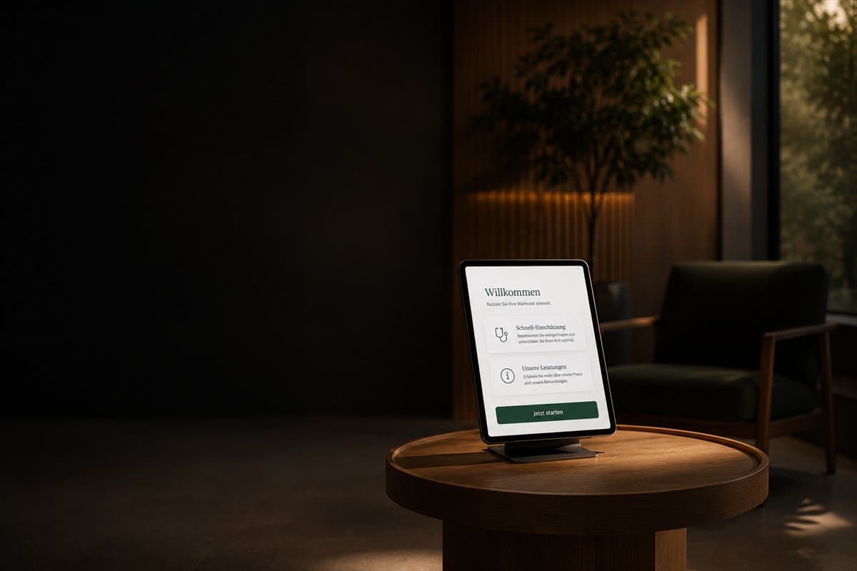 Elegant beleuchteter Empfangsbereich einer Praxis mit ROOMUP Tablet auf einem runden Holztisch.